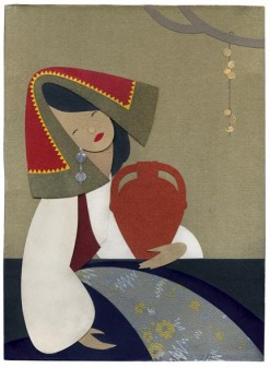 FANCIULLA CON BROCCA, anni Trenta, collage di carte colorate e da parati, interventi a china, supporto in cartone, 23 x 16,7 cm