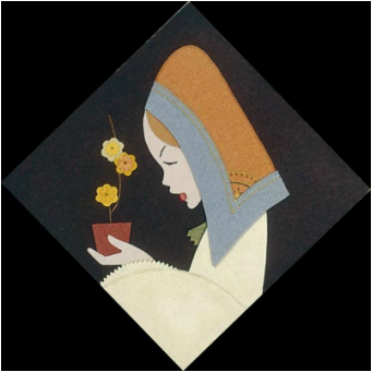FANCIULLA CON FICO D’INDIA, anni Trenta, panno Lenci, ricami, 40,5 x 48,5 cm